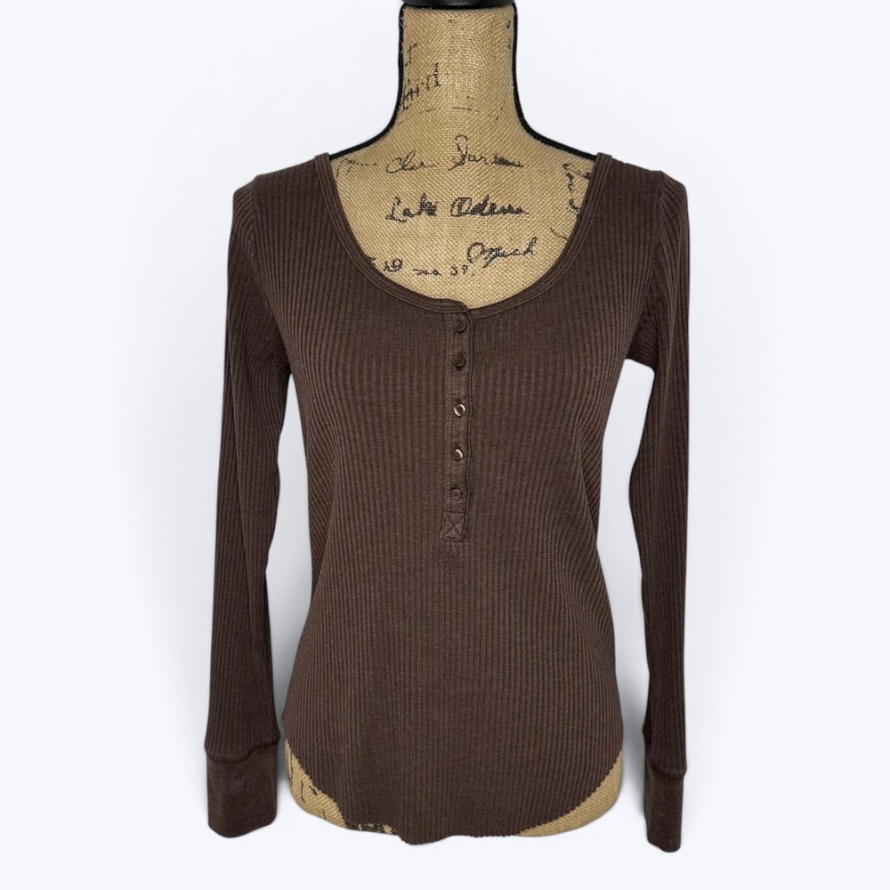 Aerie Ribbed Henley Top Chocolate Brown Long Sleeve Retro Layer Minimalist‎ Sz M